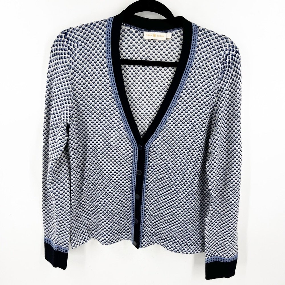 Tory Burch Navy Cream Dot 100% Merino Cardigan SIZE LARGE